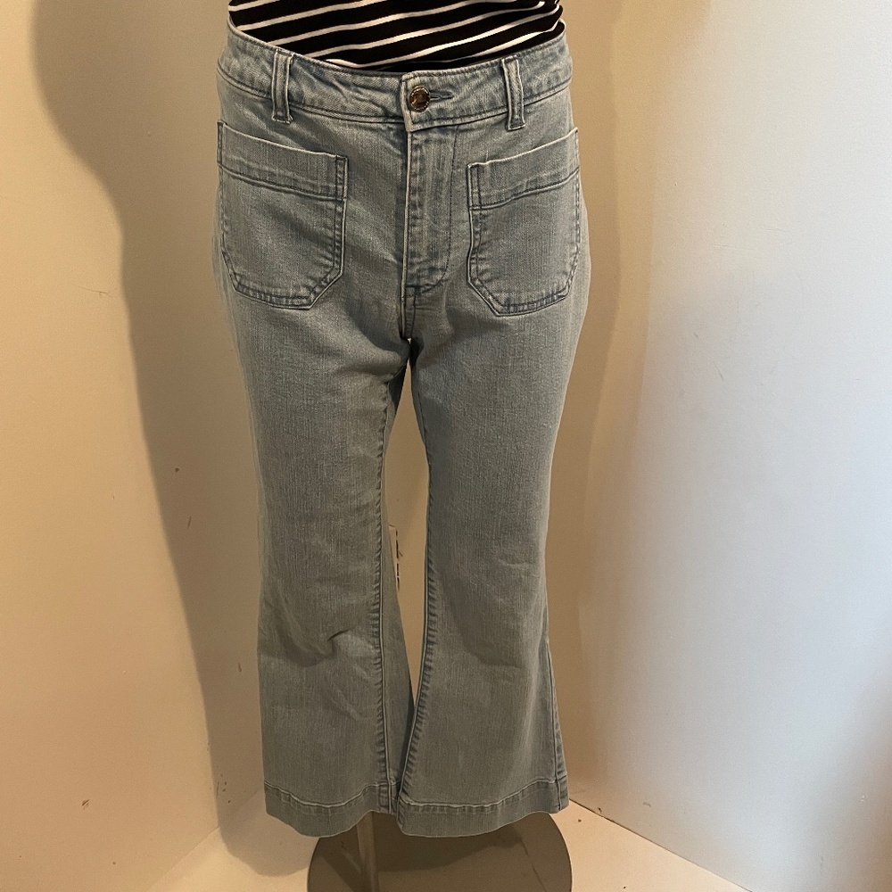 Halston jeans cropped wide leg pocket detail cotton blue size 4